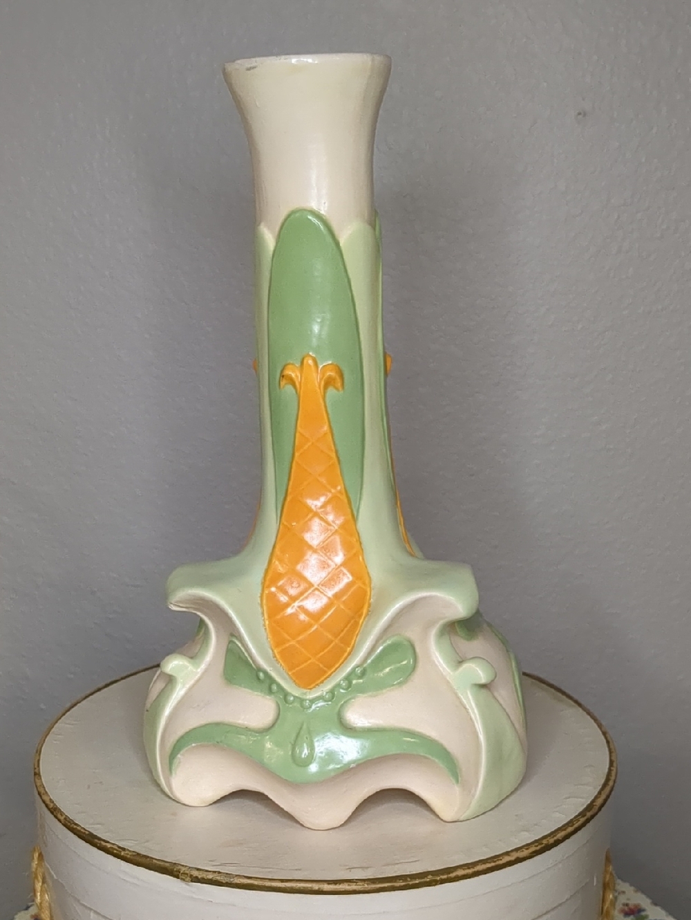 Vintage 60s Mid Century Vase Avocado Green & Orange Newell Studios 1967 Signed